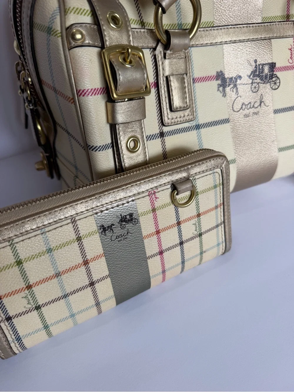 Vintage 2008 Coach 13040 Heritage Stripe Tattersall Plaid Satchel Wallet 3PC Set